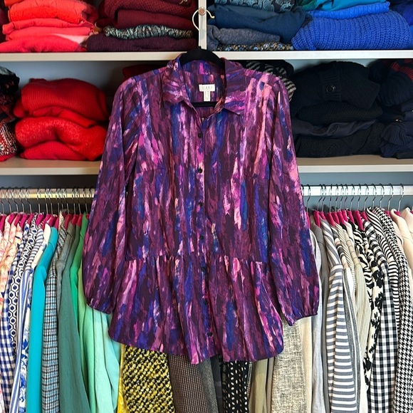 LOGO purple/pink/blue print long sleeve button down peplum style top size XXS - Picture 1 of 3